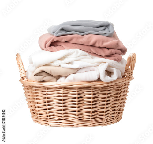 Clean laundry stored in a wicker basket isolated on transparent background. PNG file, cut out 