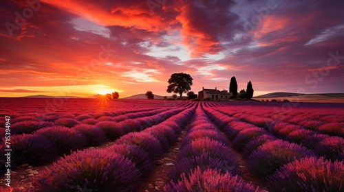  a beautiful sunset over a lavender field with a lone tree in the foreground and a house in the distance.
