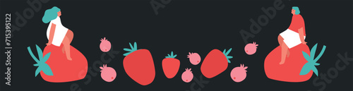 Tiny people and fruits cartoon vector illustration. Man, woman and berries, summer harvest. Healthy eating, cooking vegetarian food and dieting concept. Summer time.