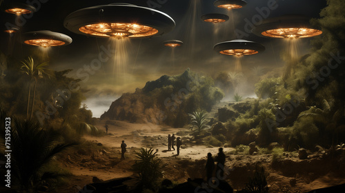 a diorama of a ufo invasion, nightime