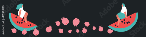 Tiny people and fruits cartoon vector illustration. Man, woman and berries, summer harvest. Healthy eating, cooking vegetarian food and dieting concept. Summer time.