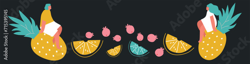Tiny people and fruits cartoon vector illustration. Man, woman and berries, summer harvest. Healthy eating, cooking vegetarian food and dieting concept. Summer time.