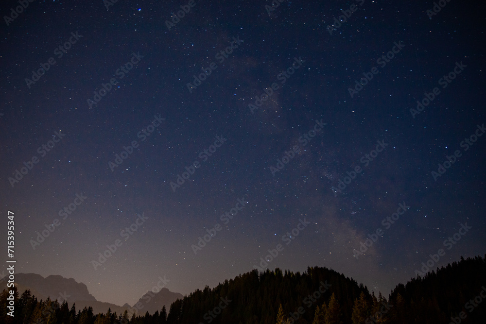 starry sky in summer mountains and milky way Trentino Alps