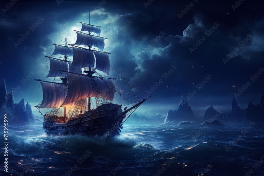 Naklejka premium a painting of a pirate ship in the middle of the ocean with a full moon in the sky behind it.