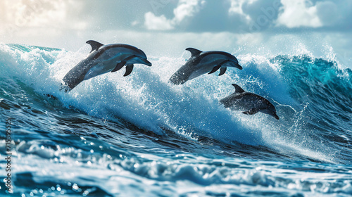 Group of dolphins jumping on the water - Beautiful seascape and blue sky © Anna