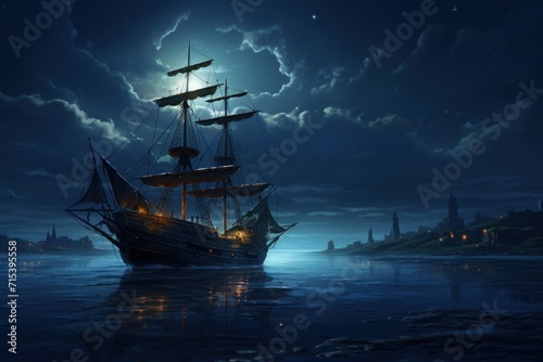  a pirate ship sailing on a body of water with a city in the background and a full moon in the sky.