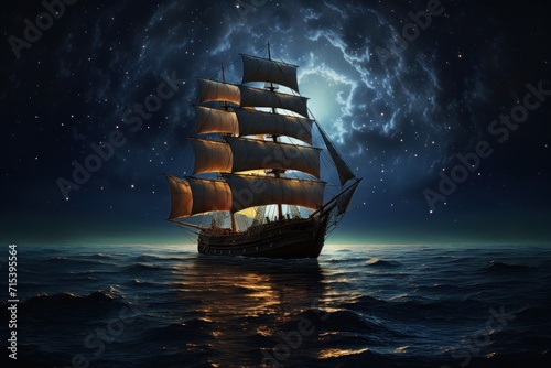  a sailing ship in the middle of a body of water with a full moon in the sky in the background.