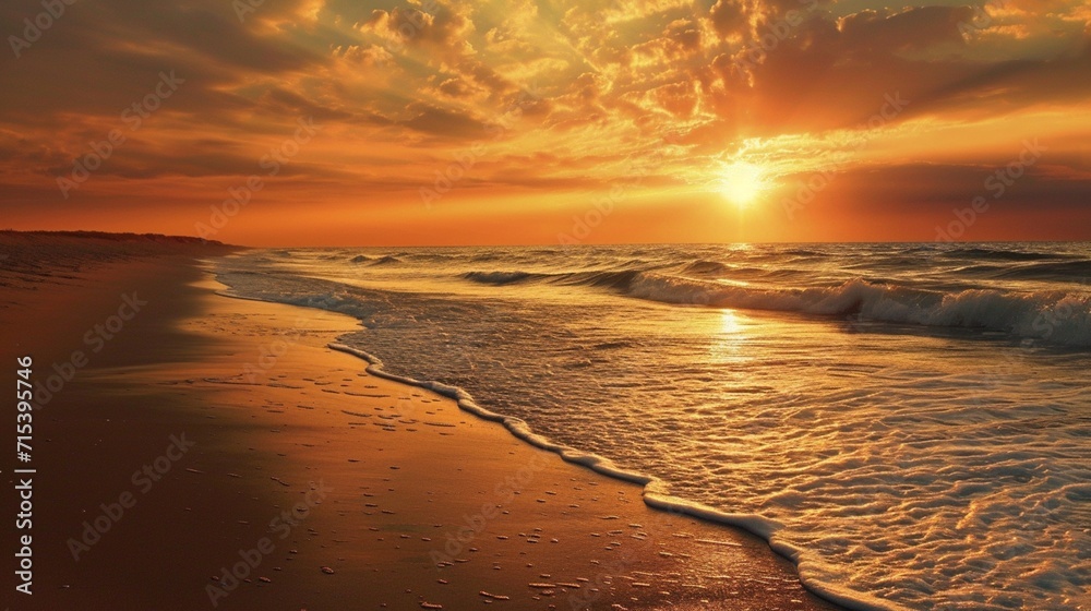 A breathtaking Easter sunset over a calm seaside, casting a warm and golden hue over the beach, creating a serene holiday atmosphere.