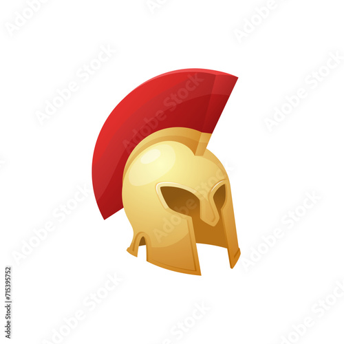 Spartan military helmet armor, Greek gladiator helmet, soldier head protection helmet with red crest vector game asset