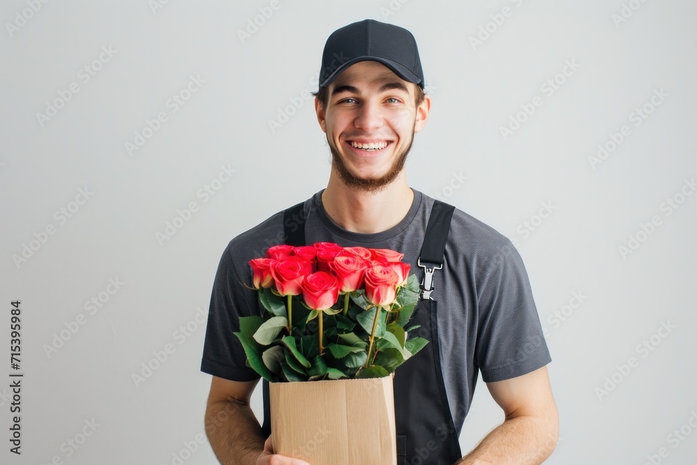 Young delivery man smiling and looking at camera holding a bouquet of roses grocery delivery box in his hand. Send flowers for Valentine's Day Young delivery man smiling and looking at camera holding a bouquet of roses grocery delivery box in his hand. Send flowers for Valentine's Day