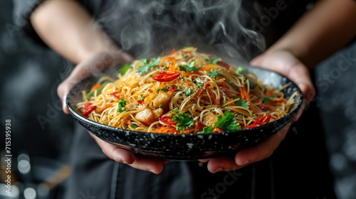 Chef Holding a Plate of Delectable Chow Mein from China. Generative Ai. photo