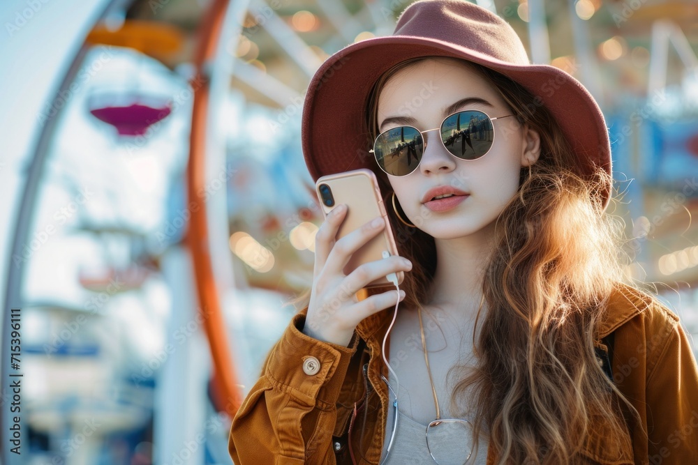 attractive, girl, tourist woman, sunglasses, beverage, drink, coffee, talking, modern, smartphone, call, waiting, friend, go, sightseeing, big wheel, background, travel, urban, lifestyle attractive, girl, tourist woman, sunglasses, beverage, drink, coffee, talking, modern, smartphone, call, waiting, friend, go, sightseeing, big wheel, background, travel, urban, lifestyle