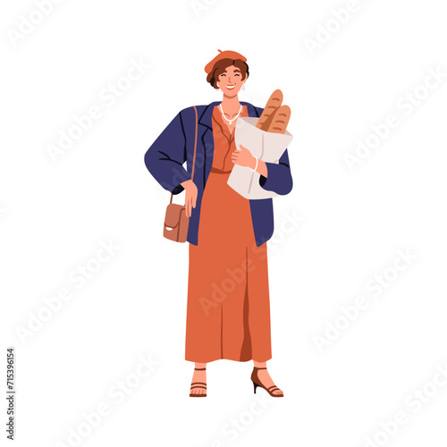 French woman holding baguette in paper bag. Happy smiling young female in dre...