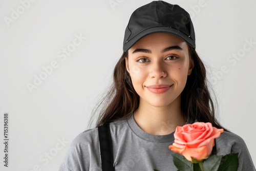 Young delivery girl smiling and looking at camera holding a bouquet of roses grocery delivery box in his hand. Send flowers for Valentine's Day