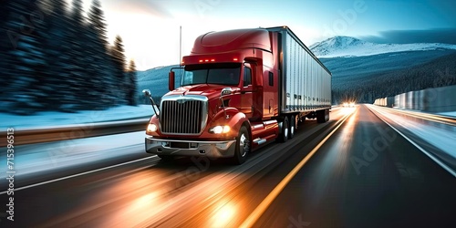 Semi heavy truck powering through transportation of cargo on road freight cruising down highway amidst traffic vehicle dedicated to shipping car moving in unison capturing motion and speed business
