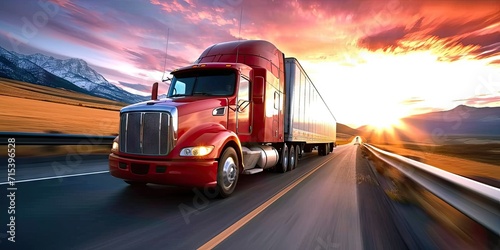 Semi heavy truck powering through transportation of cargo on road freight cruising down highway amidst traffic vehicle dedicated to shipping car moving in unison capturing motion and speed business