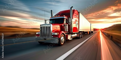 Semi heavy truck powering through transportation of cargo on road freight cruising down highway amidst traffic vehicle dedicated to shipping car moving in unison capturing motion and speed business