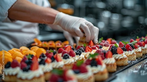 Chef in Kitchen Creating Miniature Birthday Cakes. Generative Ai.