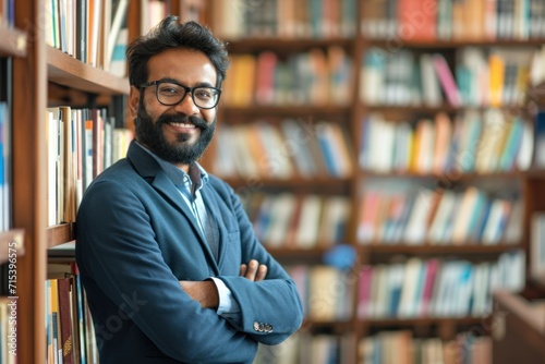 Smiling Indian businessman or book writer standing looking at camera, business education concept