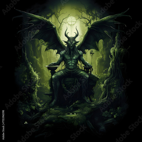 The Devil, Satan, Lucifer sitting on his throne in Mossy dark forest bioluminescent fungous green style © Andrei