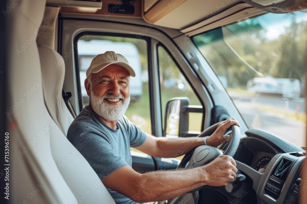 An old man drives an RV on vacation. Smiling adult traveler sitting in camping trailer enjoying camping trip. An old man drives an RV on vacation. Smiling adult traveler sitting in camping trailer enjoying camping trip.