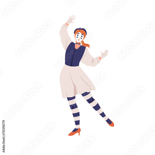 French mime, female actress performing pantomime. Comic mimic artist, comedian. Woman in beret playing silent dumb comedy Behind the Wall. Flat vector illustration isolated on white background