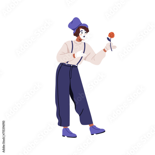 French mime giving flower. Comic artist performing romantic comedy, pantomime with rose in hand. Silent deaf comedian actor, performer. Flat graphic vector illustration isolated on white background