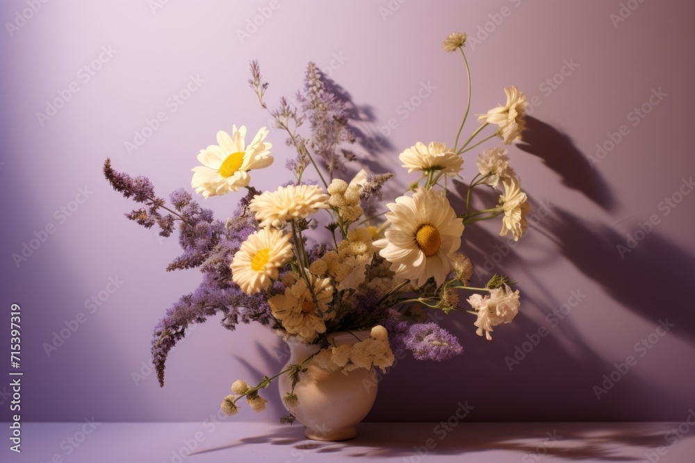 a white vase filled with lots of yellow and white flowers on a purple and purple background with a shadow of a wall behind it.