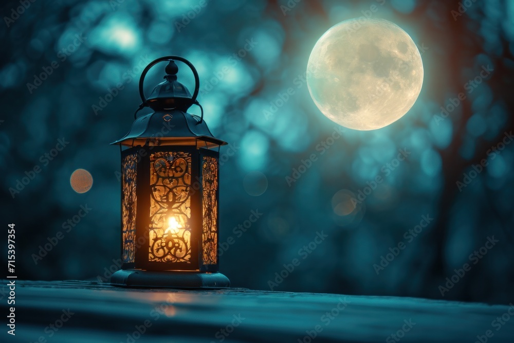 The atmosphere is quiet on a mysterious moonlit night with golden glowing lanterns. The atmosphere is quiet on a mysterious moonlit night with golden glowing lanterns.