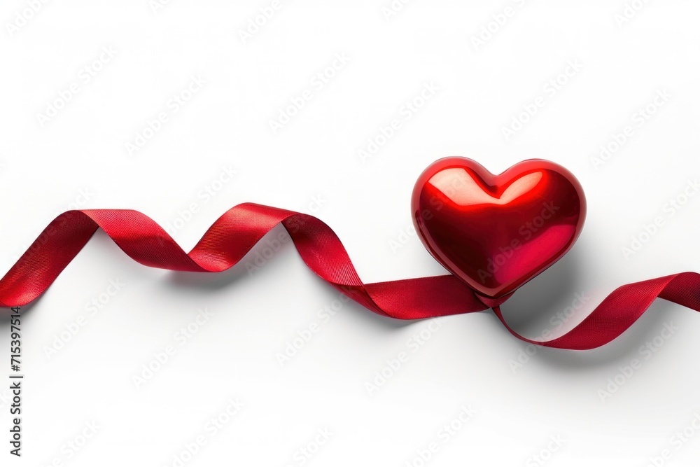 Red heart and red ribbon banner with shadow isolated on white transparent background for Valentine's Day.