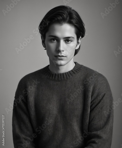 a man with a sweater on posing for a picture in black and white