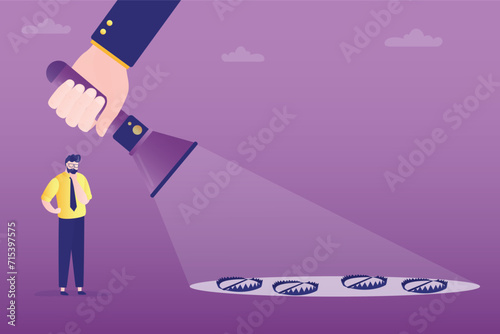 Uncover Direction. Hand holding a flashlight to reveal hidden dangers. Businessman beginner thinking about overcoming obstacles. Mentorship,