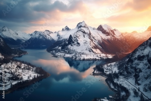  an aerial view of a mountain range with a lake in the foreground and snow covered mountains in the background. © Nadia