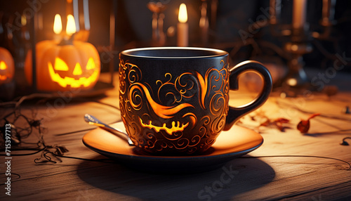 A cup with a Halloween print created with Generative Ai