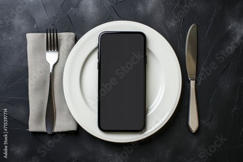Smartphone screen on white plate fork and knife on black background Online business restaurant delivery app concept