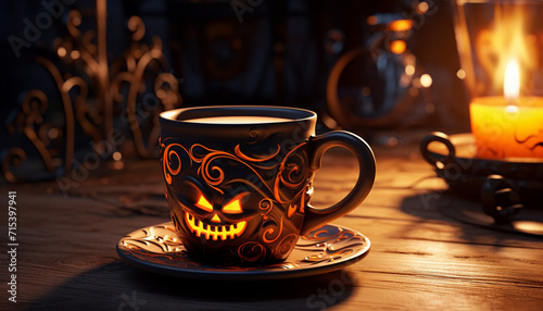 A cup with a Halloween print created with Generative Ai