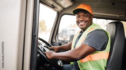 A truck driver in a delivery truck looking at the road , truck driver, delivery truck, road