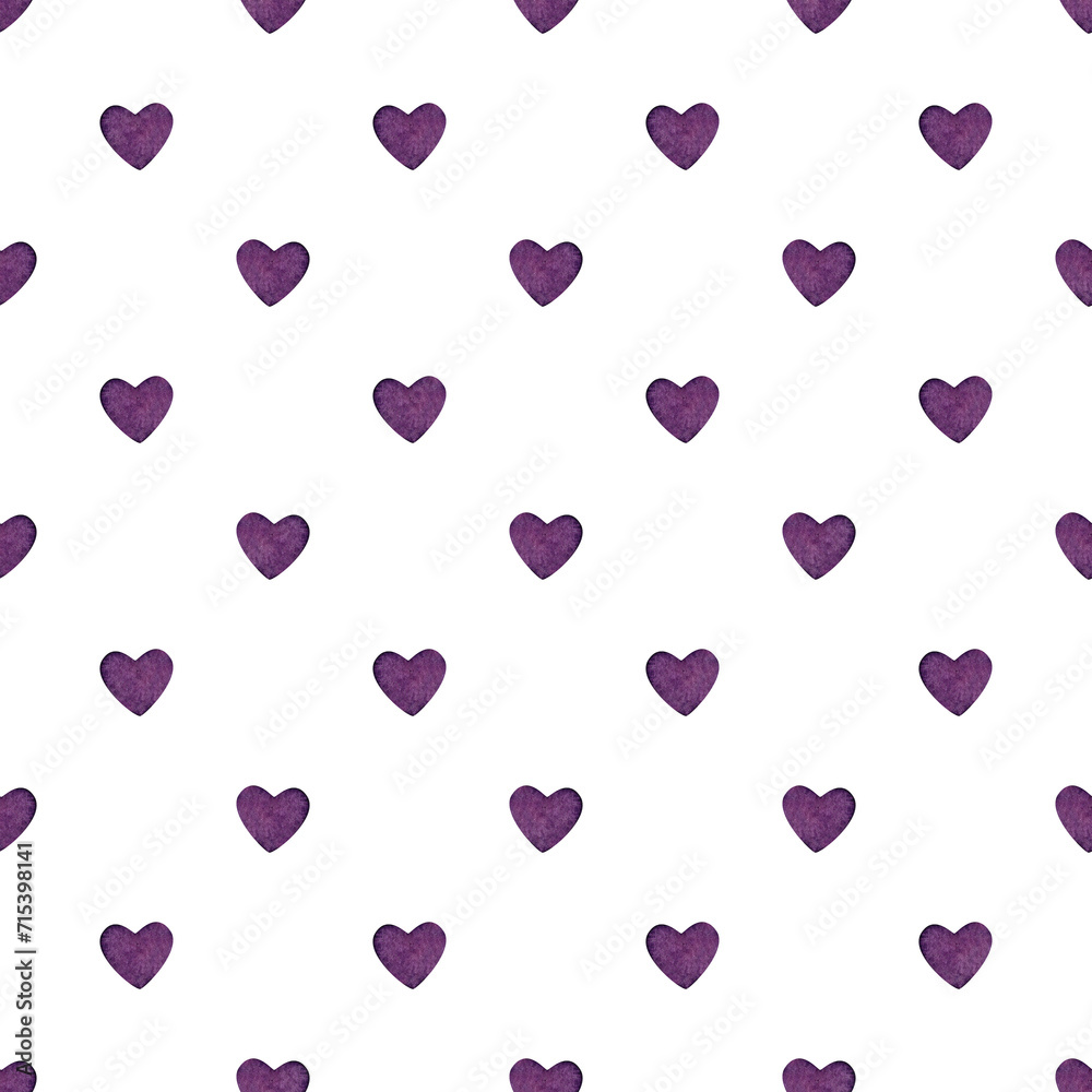 Seamless pattern of purple small hearts. Heart ornament. Valentine's Day. Watercolor illustration for background design, packaging, textiles, notepads, ceramics