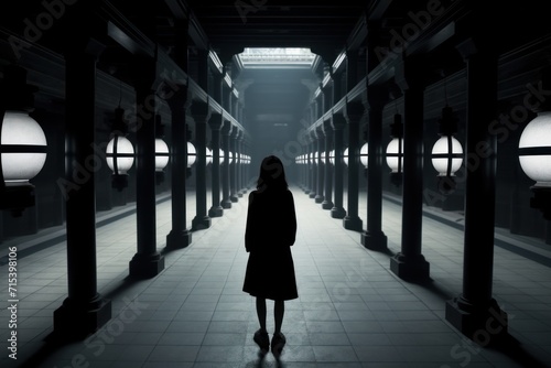  a woman standing in a dark hallway with lights on either side of her and her back turned to the camera.