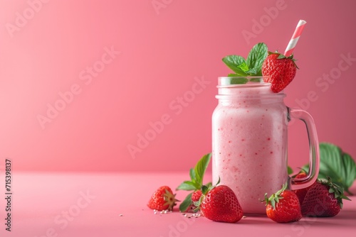 Strawberry Smoothie Mint decoration on pink table, healthy food or snack