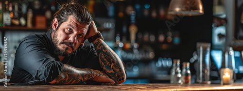 a man in a tattoo relaxes in a bar photo