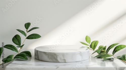 A pedestal or white marble podium showing a pedestal leaf. white marble cylinder Circular pedestal with green leaves for new products