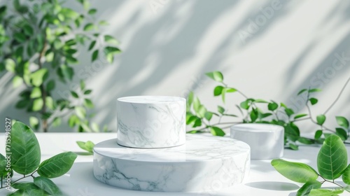 A pedestal or white marble podium showing a pedestal leaf. white marble cylinder Circular pedestal with green leaves for new products