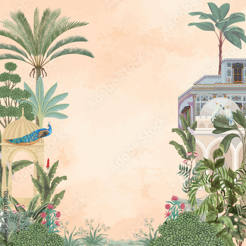 Traditional Mughal garden for wedding invitation. Vector illustration frame photo