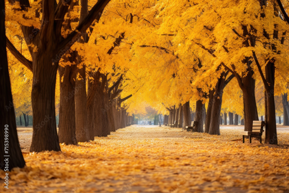 Step into a tranquil autumn scene in a park where a bright yellow leafy carpet and sunlit trees create a picturesque and joyful atmosphere. AI generative.