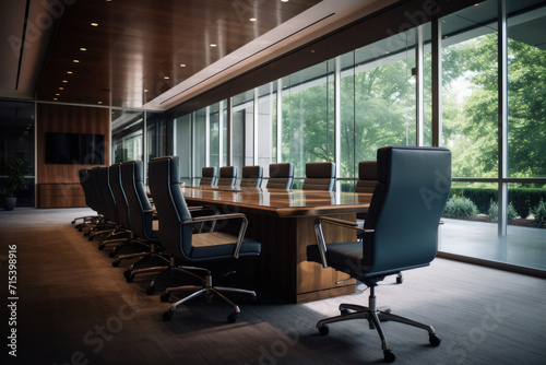 Experience the serenity of a minimalist meeting room through fine art photography focusing on office equipment chairs and a large table softly lit by natural light. AI generative. © Alisa
