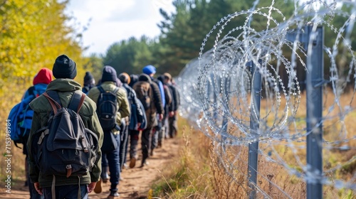 Queue of refugees along a high border fence with berbed wire. Imigration crisis. War and climate change.
