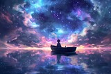 art illustration, a boy in boat under galaxy sky anime 4k background