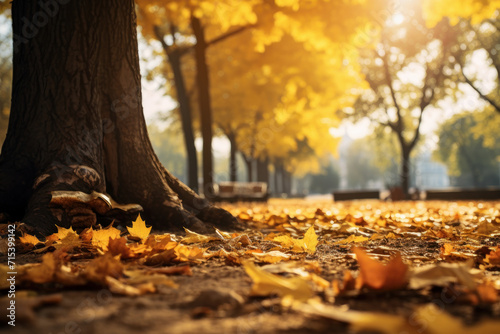 Nature's canvas painted in the hues of autumn - a park with a bright yellow leafy carpet and trees lit by sunlight creating a vivid and joyful atmosphere. AI generative.