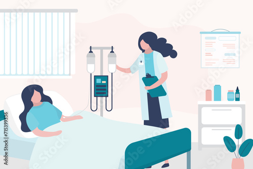 People hospitalization, medical concept. Diseased female character lying in bed at clinic chamber with doctors or nurses care and treatment. Woman is given drip in clinic
